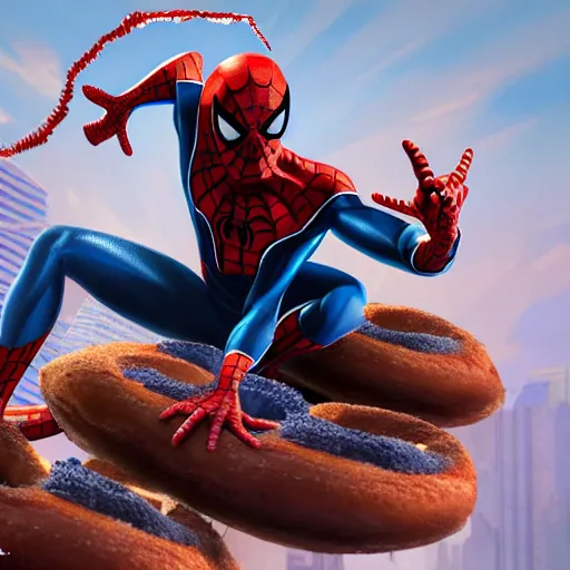 Image similar to spider - man sit on the raccoon and eating donuts, concept art, trending on artstation, highly detailed, intricate, sharp focus, digital art, 8 k