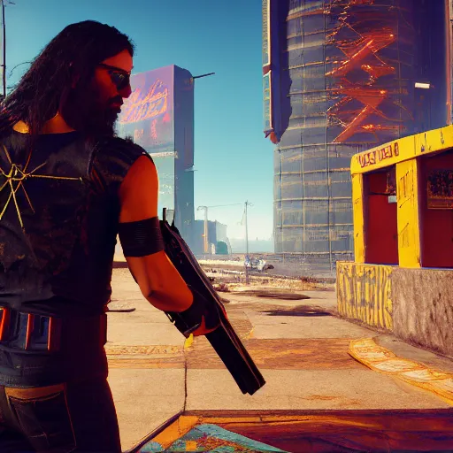Prompt: Jesus in Cyberpunk 2077 with a pistol, Orthodox icon , concept art, unreal engine, 4k render, global illumination, blender, cycles, featured on artstation, pixiv
