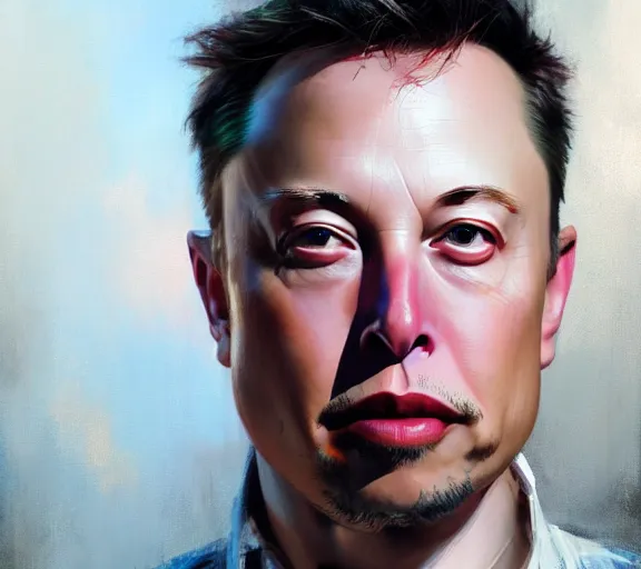 Image similar to a hyper-detailed portrait of Elon Musk by Craig Mullins; oil on canvas; trending on artstation; 90mm; f/1.4