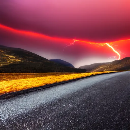 Image similar to nightmarish creatures rushing towards car, black pontiac firebird trans - am driving towards the camera, norway mountains, red glow in sky, valley, large lake, dynamic, cinematic, motionblur, volumetric lighting, wide shot, low angle, large lightning storm, thunder storm