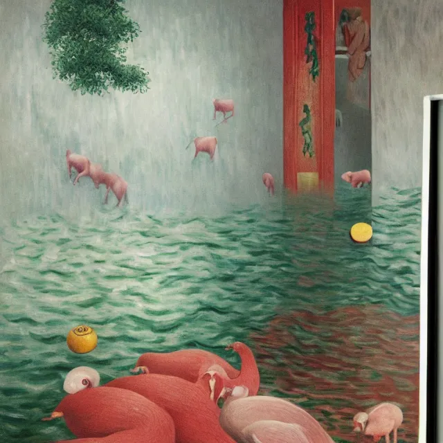 Image similar to painting of flood waters inside an apartment, tall female emo art student, a river flooding indoors, pomegranates, pigs, ikebana, water, river, rapids, waterfall, black swans, canoe, berries dripping, acrylic on canvas, surrealist, by magritte and monet