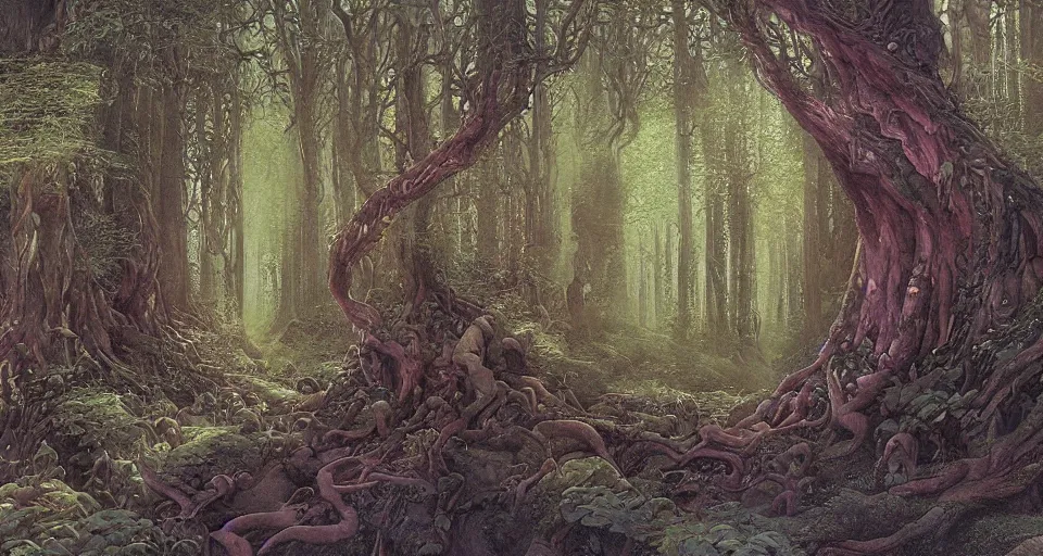 Prompt: Enchanted and magic forest, by john howe