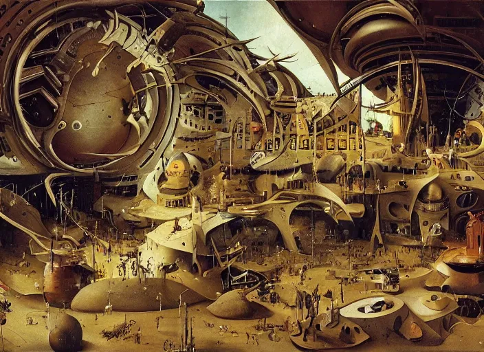 Image similar to an intricately detailed scene from a sci-fi movie by Hieronymus Bosch, Wes Anderson and Syd Mead