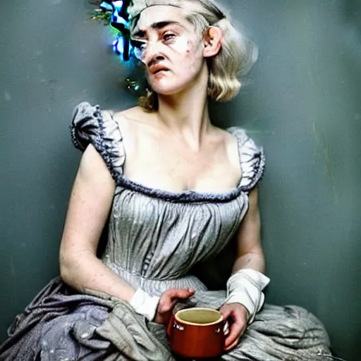 Prompt: A 18th century, messy, silver haired, (((mad))) elf princess (look like ((young Kate Winslet))), dressed in a ((ragged)), wedding dress, is ((drinking a cup of tea)). Everything is underwater! and floating. Greenish blue tones, lumnious, theatrical, (((underwater lights))), high contrasts, fantasyconcept art, inspired by John Everett Millais's Ophelia