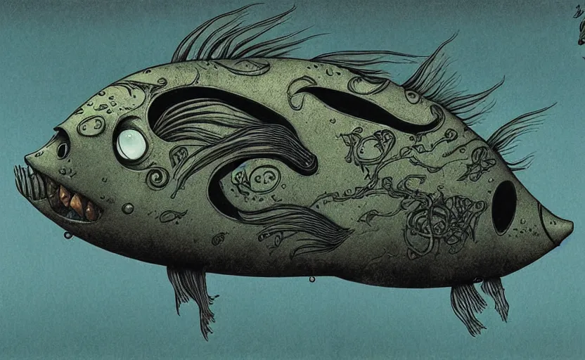 Image similar to creepy fish by shaun tan, side view, style of yoshitaka amano john kenn mortensen takato yamamoto junji ito gediminas pranckevicius