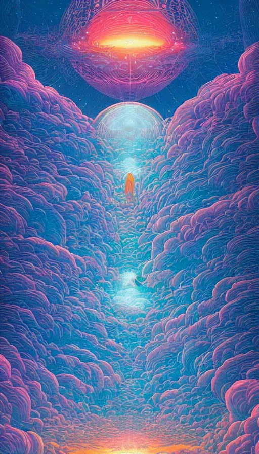 Image similar to the ancient portal of the luminous dream spirits on cosmic cloudscape, futurism, dan mumford, victo ngai