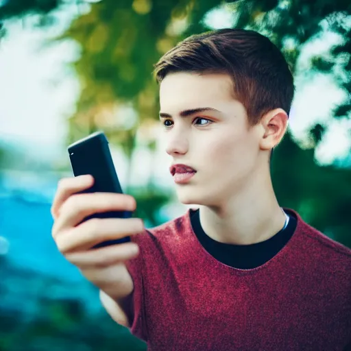 Prompt: teenage boy, photography, 4 k, zoom lens, young male face, ultra - realistic, selfie, phone camera