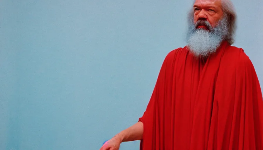 Prompt: 1 9 7 0 s movie still of socrates in red drapery in a light blue neoclassical building with waterfall and collums, cinestill 8 0 0 t 3 5 mm, high quality, heavy grain, high detail, panoramic, ultra wide lens, cinematic light, dramatic light, flares anamorphic