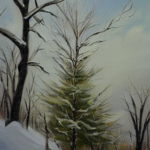 Prompt: fine art painting of a tree and snow