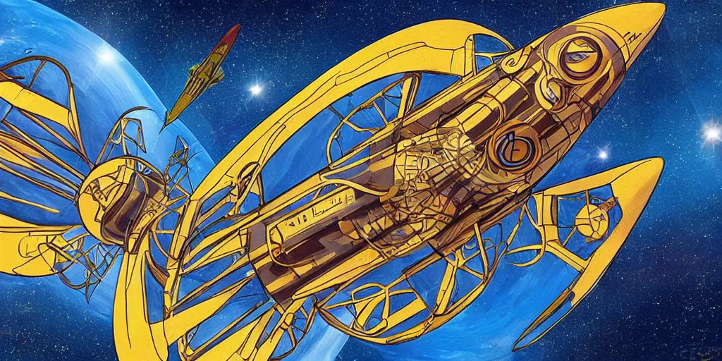 Prompt: Art Nouveau style starship flying in space