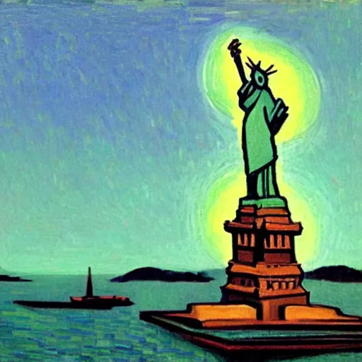 Image similar to portrait of the statue of liberty, in the style of Edward Hopper and Vincent Van Gogh, 4k,