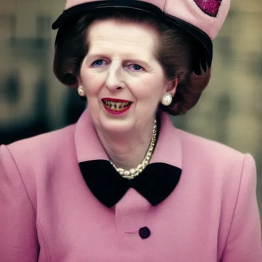 Image similar to Margaret Thatcher wearing cat ears, colour photography