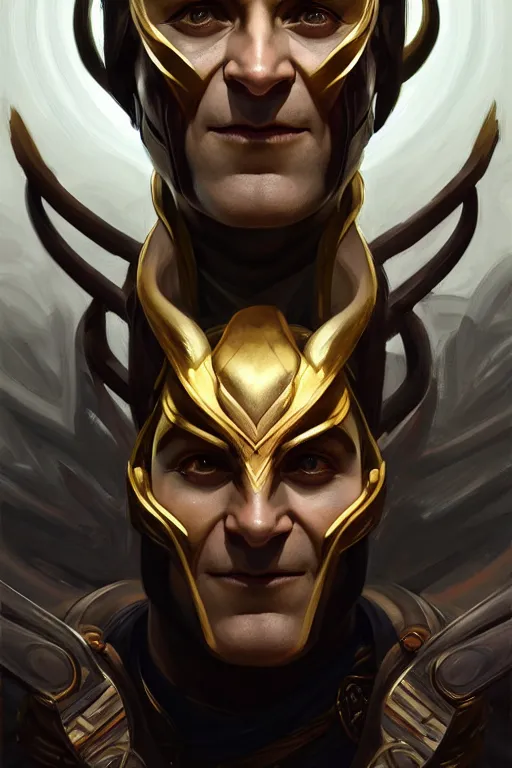 Image similar to symmetry!! portrait of loki in the style of god of war, machine parts embedded into face, intricate, elegant, highly detailed, digital painting, artstation, concept art, smooth, sharp focus, illustration, art by artgerm and greg rutkowski and alphonse mucha, 8 k