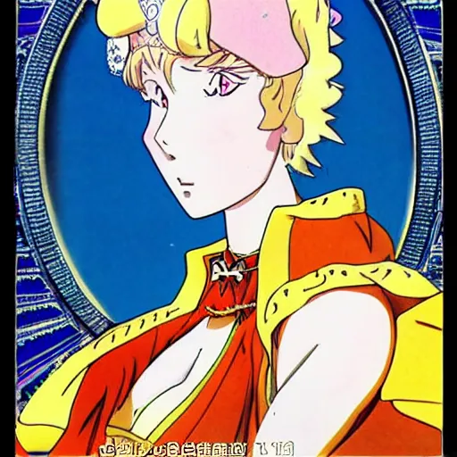 Prompt: Platinum-blonde-haired hime cut blue-eyed French empress, 1977 anime, retro anime style