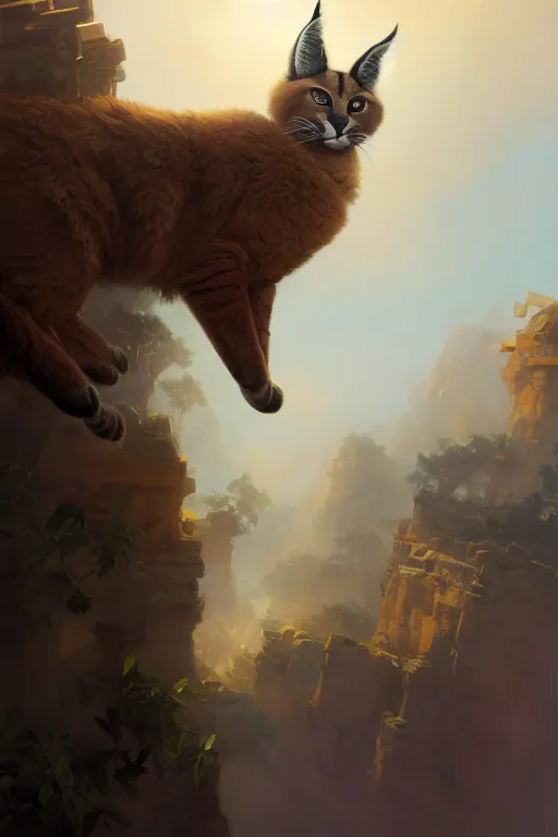 Prompt: cute fluffy caracal flying up on the victorian city, extremely detailed digital painting, in the style of fenghua zhong and ruan jia and jeremy lipking and peter mohrbacher, mystical colors, rim light, beautiful lighting, 8 k, stunning scene, raytracing, octane, trending on artstation