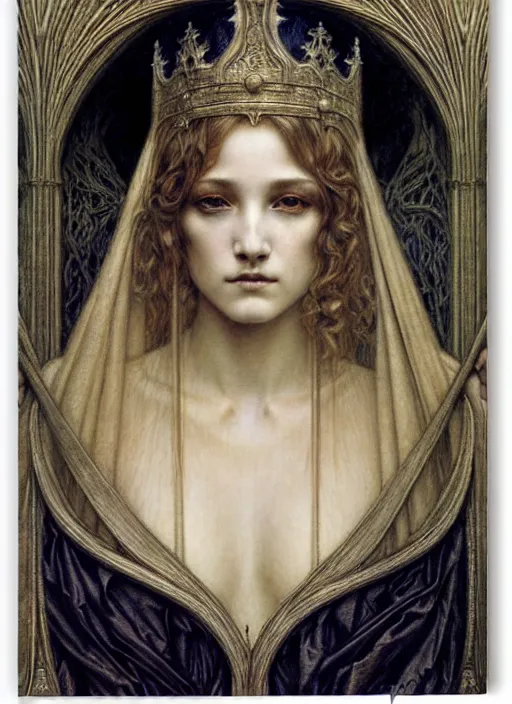 Image similar to detailed realistic beautiful young medieval queen face portrait by jean delville, gustave dore and marco mazzoni, art nouveau, symbolist, visionary, gothic, pre - raphaelite. horizontal symmetry