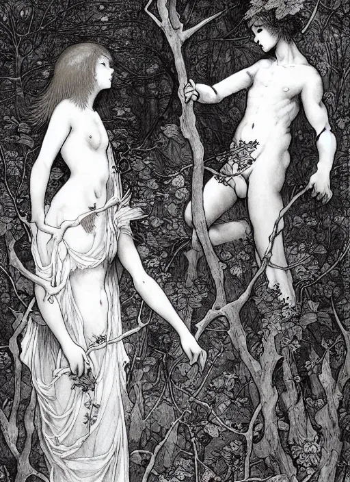 Prompt: boy and girl and a goat in a deep bloody thorns bones forest, by Vania Zouravliov, william-adolphe bouguereau and Takato Yamamoto, high resolution