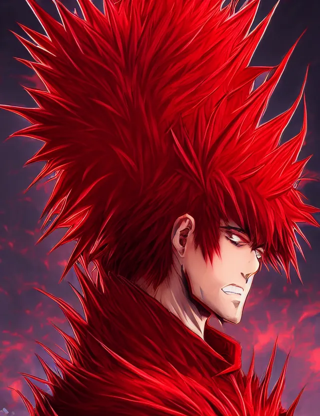 Image similar to a detailed manga portrait of a handsome tall man with spiked crimson hair in fiery crimson crystalline armour, trending on artstation, digital art, 4 k resolution, detailed, high quality, sharp focus, hq artwork, coherent, insane detail, character portrait