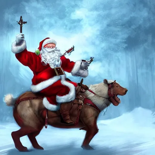 Prompt: santa claus riding a polar bear into battle, epic, cinematic, artstation, concept art, high quality,