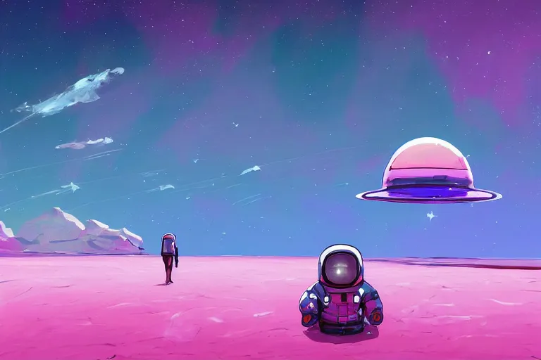 Image similar to astronaut sitting at the beach next to his spaceship on a pink, blue, purple alien planet watching a black hole, surreal photography, dark night, stars, planets, moon light, impressionist painting, clouds, digital painting, artstation, simon stalenhag