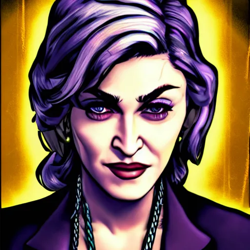 Image similar to madonna portrait, borderlands, tales from the borderlands, the wolf among us, comic, cinematic lighting, studio quality, 8 k