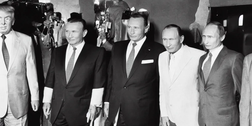 Prompt: trump and putin hanging out with frank Sinatra and his mobster friends