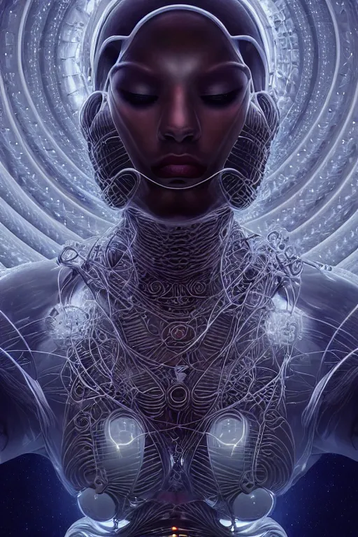 Image similar to a centered render of an alien bio - organic overlord adorned with cables and synthesizer parts is surrounded by sacred geometry, full body, gorgeous face, perfect face, powerful, cinematic, beautifully lit, by artgerm, by karol bak, 3 d, trending on artstation, octane render, 8 k