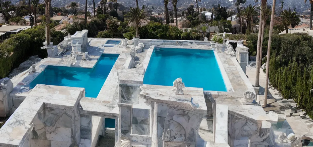 Prompt: house made of pentelic marble, designed by ictinus and callicrates. neptune pool from hearst castle in backyard. built in 1 9 5 9 in santa monica. fancy post - oscars party