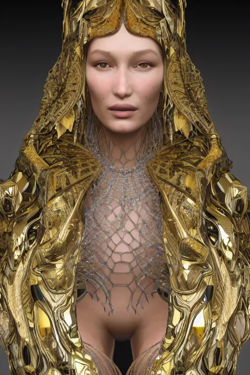 Image similar to a highly detailed 4 k render of a beautiful alien goddess bella hadid in iris van herpen dress schiaparelli in diamonds in style of alphonse mucha trending on artstation made in unreal engine 4