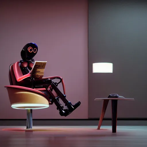 Image similar to futuristic lonely matte brown and red full-body humanoid robot with two huge round expressive sad purple glowing LED eyes and open rectangular mouth sitting on a large comfortable cushioned 1950s vintage recliner reading a newspaper. open newspaper. Cinematic Movie Photograph, Arri Alexa, Extremely Detailed, smooth, very very clean, 8K, octane render, maya render, unreal engine, trending on artstation, DSLR, excellent composition, center frame