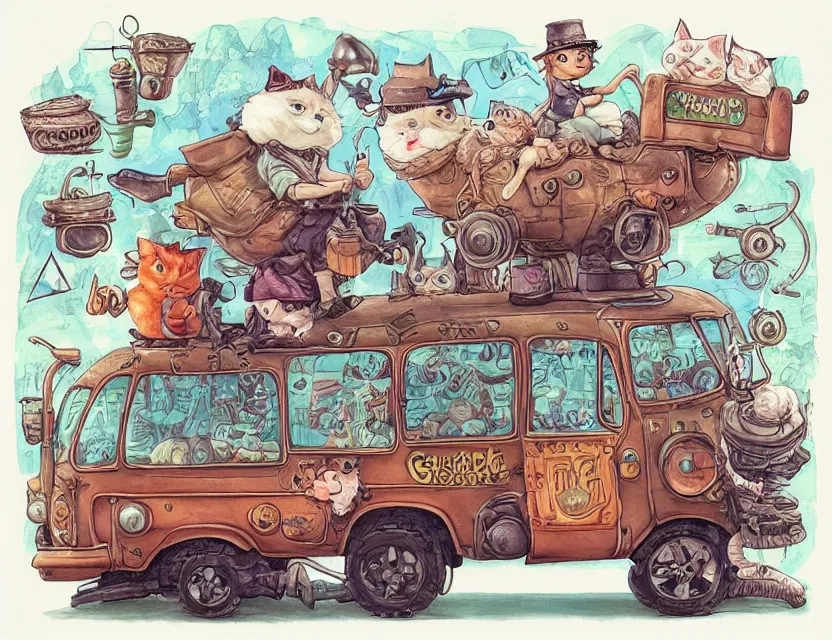 Image similar to cute and funny, a garden gnome driving a steampunk bus, a cat is on the roof holding on for dear life, ratfink style by ed roth, centered award winning watercolor pen illustration, isometric illustration by chihiro iwasaki, edited by range murata, tiny details by artgerm and watercolor girl, symmetrically isometrically centered, sharply focused