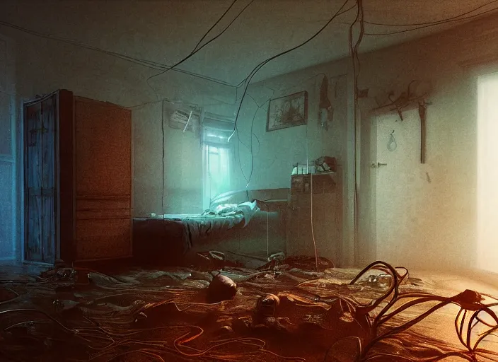 Prompt: rgb, sadness, bedroom full of water, sadness, cinematic, movie scene, inspired by zdzislaw beksinski, clothes made out of veins,, cables everywhere, bedroom, ultra realistic, concept art, intricate details, highly detailed, photorealistic, octane render, 8 k