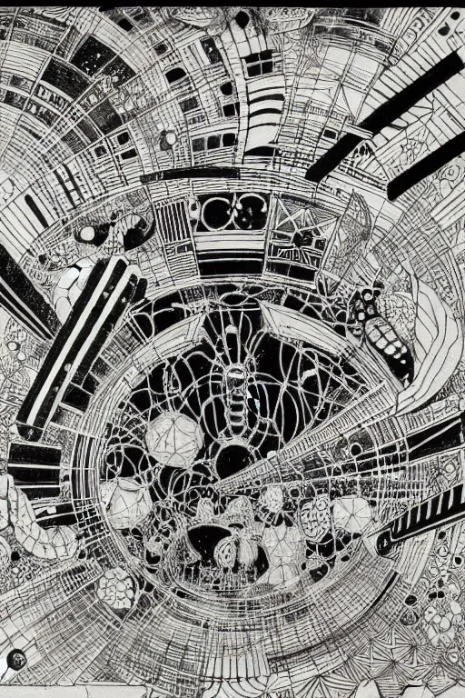 Image similar to a black and white drawing of an ancient future japanese temple international space station, bioluminescence, a detailed mixed media collage by hiroki tsukuda and eduardo paolozzi and ernst haeckel, intricate linework, sketchbook psychedelic doodle comic drawing, geometric, street art, polycount, deconstructivism, matte drawing, academic art, constructivism