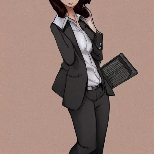 Image similar to woman in black business suit, chill, light brown neat hair, pixiv, fanbox, trending on artstation, portrait, digital art, modern, sleek, highly detailed, formal, serious, determined, blue tie, competent, colorized, smooth, charming, pretty, safe for work