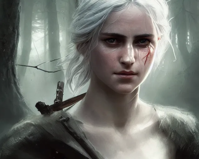 Prompt: 5 5 mm portrait photo of a real life tough looking battle hardened ciri with a thin face and a large scar across her left cheek, in a magical forest. dark atmosphere. art by greg rutkowski. highly detailed 8 k. intricate. lifelike. soft light. nikon d 8 5 0.