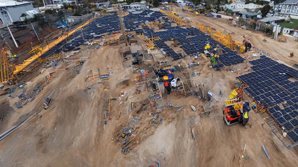 Image similar to Construction workers building the solar system. Extreme wide angle shot from space