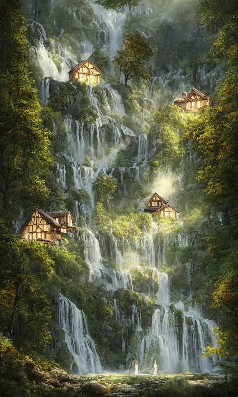 Prompt: beautiful large scandinavian house in the forest on a hill, a large waterfall flows down from the mountain in the background, vector art, fabulous, hyper detailed, random cinematic view, no noise, global illumination, warm lighting, volumetric, godrays, vivid, by jordan grimmer