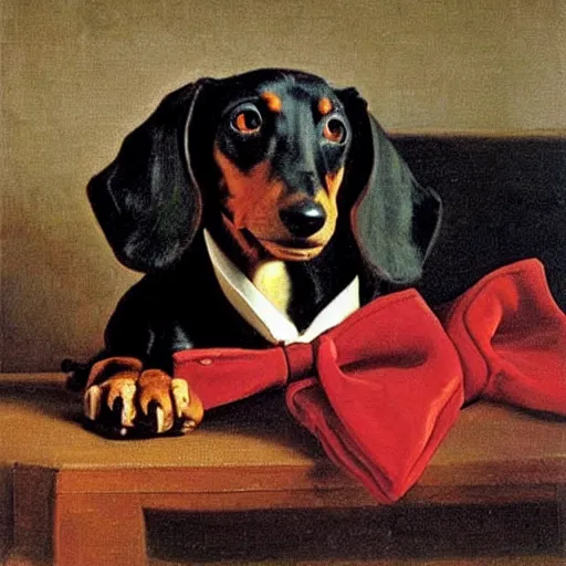 Prompt: a dachshund wearing a bow tie on a victorian couch, an oil painting by caravaggio, epic lighting