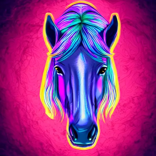 Prompt: digital horse, retrowave palette, highly detailed, anatomically correct equine, synth feel, smooth face, horse whiskers, no reins, digital art