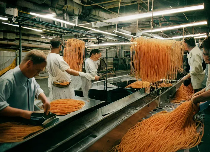 Prompt: a factory where people are processing fresh spaghetti, canon 5 0 mm, cinematic lighting, photography, retro, film, kodachrome, closeup