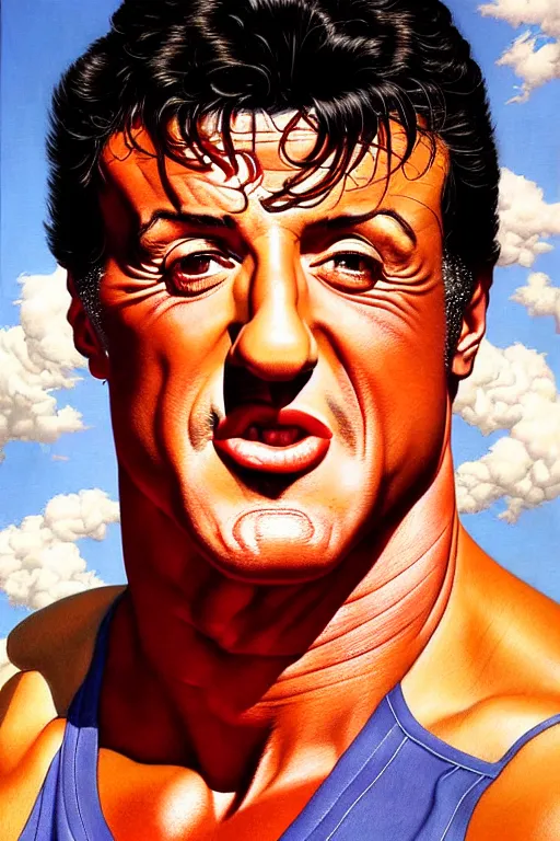 Prompt: portrait of sylvester stallone by gil elvgren and norman rockwell and rob gonsalves and hajime sorayama, hyperrealistic, high detail, ultra detailed, highly detailed face