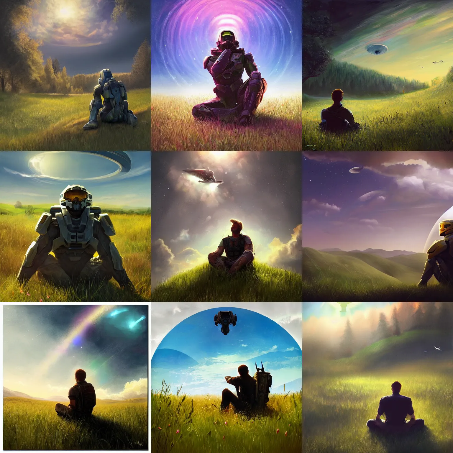 Prompt: man sitting in the meadow watching the halo ring in the sky, beautiful, artstation, award winning, painting, detailed, colorful