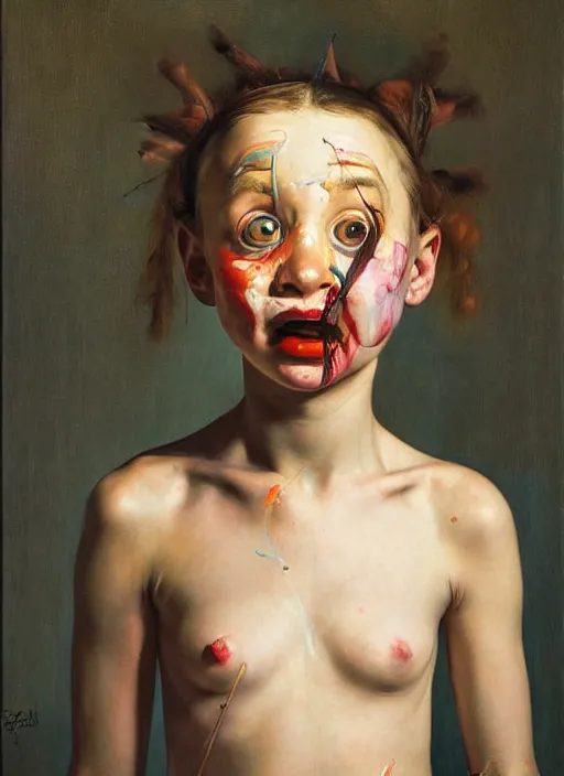 Image similar to Oil painting - portrait of a cross-eyed jester girl by Jenny Saville, Masterpiece, Edward Hopper and James Gilleard, Mark Ryden, Wolfgang Lettl highly detailed, hints of Yayoi Kasuma