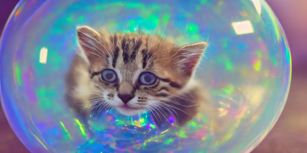 Prompt: an adorable kitten stuck inside of a giant iridescent floating soap bubble, bokeh, golden hour, back yard, golden hour