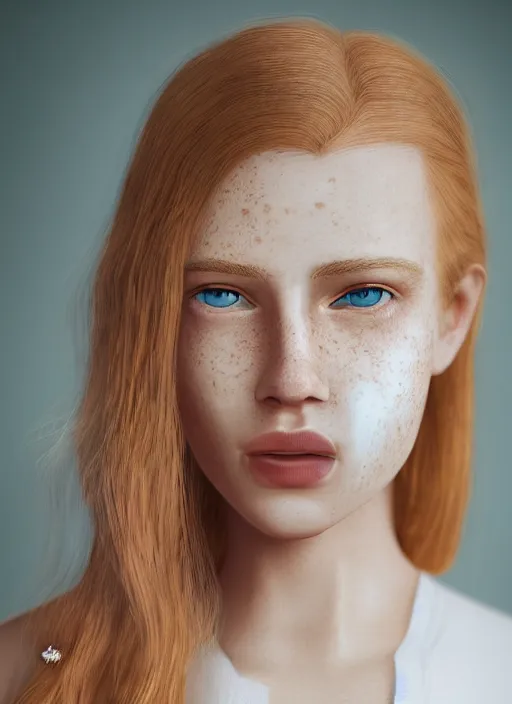 Image similar to Portrait of a Strawberry-Blonde Girl, Young Beautiful Face, Green Eyes, Freckles, Wearing a white crop-top and jeans, with a subtle smile, Detailed, 8K, Epic, Charming, Character, Octane Rendering, Hyper Realistic