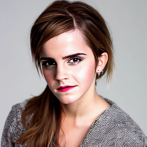 Image similar to Professional portrait of male Emma Watson. A photograph of Emma Watson if she was a man. Studio lighting