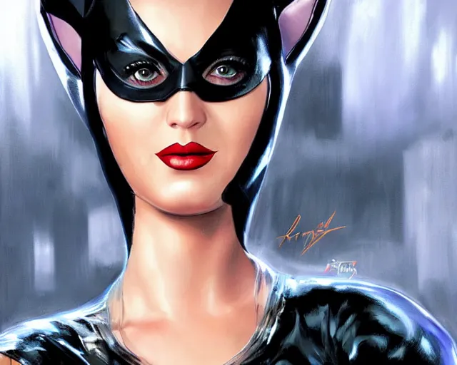 Prompt: katy perry as catwoman, intense fan art comic book cover art, sharp, smooth, ultra fine detail, art by artgerm, wlop, rutkowski