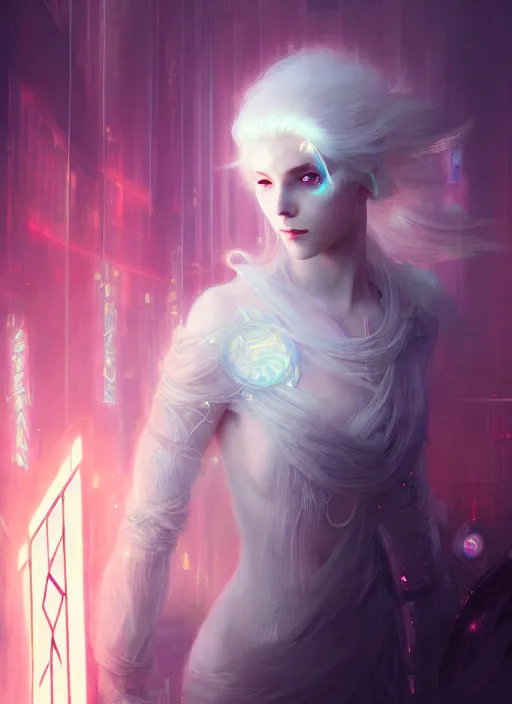 Image similar to a beautiful white haired princess, intricate concept art, ethereal, ominous, mysterious, enchanted, magic, dramatic lighting, illuminated lines, outrun, vaporware, illuminated rune symbols, cyberpunk darksynth, dark background, 8 k, by ruan jia and krenz cushart and alphonse mucha