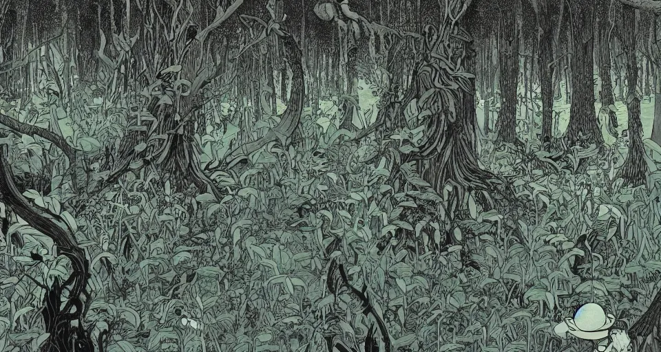 Image similar to A dense and dark enchanted forest with a swamp, by James Jean