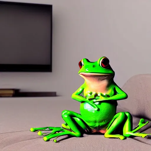 Image similar to A frog sits on a couch and watched TV, Hyperrealistic